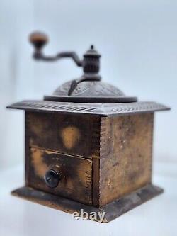 Antique Coffee Bean Grinder Cast Iron Hardware Dovetailed Wood Primitive Vintage