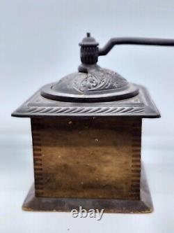 Antique Coffee Bean Grinder Cast Iron Hardware Dovetailed Wood Primitive Vintage