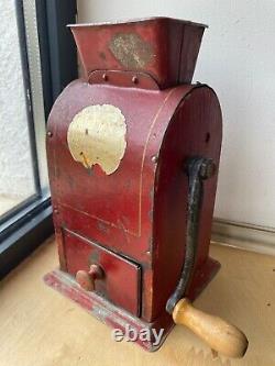 Antique Coffee Grinder Beans Mill Sweden TIX Wood&Tin mechanic Hand-crank Drawer