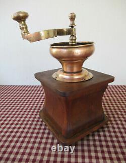 Antique Coffee Grinder Brass Hopper Unique Shape Burl Wood Grain Dovetail Drawer