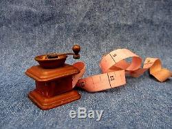 Antique Coffee Grinder Figural Tape Measure Copper and Brass With Silk Tape EUC