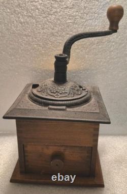Antique Coffee Grinder Mill Dovetail Wood Cast Iron Square Drawer Primitive