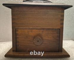 Antique Coffee Grinder Mill Dovetail Wood Cast Iron Square Drawer Primitive