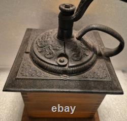 Antique Coffee Grinder Mill Dovetail Wood Cast Iron Square Drawer Primitive