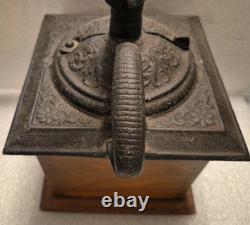 Antique Coffee Grinder Mill Dovetail Wood Cast Iron Square Drawer Primitive