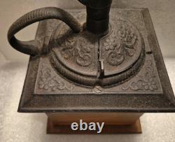 Antique Coffee Grinder Mill Dovetail Wood Cast Iron Square Drawer Primitive