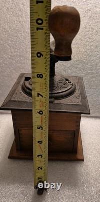 Antique Coffee Grinder Mill Dovetail Wood Cast Iron Square Drawer Primitive