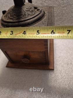 Antique Coffee Grinder Mill Dovetail Wood Cast Iron Square Drawer Primitive