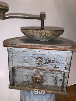 Antique Coffee Grinder Primitive Blue Gray Paint