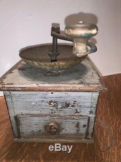 Antique Coffee Grinder Primitive Blue Gray Paint