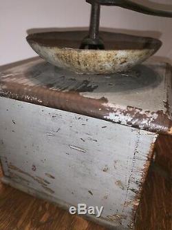 Antique Coffee Grinder Primitive Blue Gray Paint