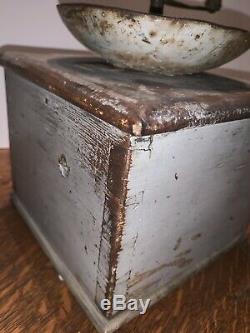 Antique Coffee Grinder Primitive Blue Gray Paint