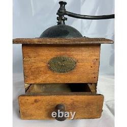 Antique Coffee Grinder Primitive Cast Iron Dovetail Wood Brass Label 1800s Use 4