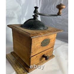 Antique Coffee Grinder Primitive Cast Iron Dovetail Wood Brass Label 1800s Use 4