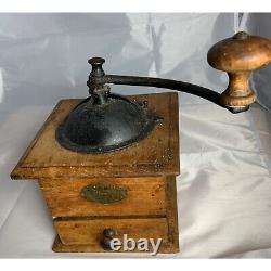 Antique Coffee Grinder Primitive Cast Iron Dovetail Wood Brass Label 1800s Use 4