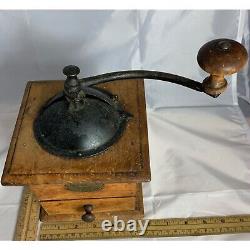 Antique Coffee Grinder Primitive Cast Iron Dovetail Wood Brass Label 1800s Use 4