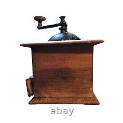 Antique Coffee Grinder Primitive Cast Iron Dovetail Wood Brass Label 1800s Use 4