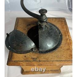 Antique Coffee Grinder Primitive Cast Iron Dovetail Wood Brass Label 1800s Use 4