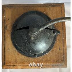 Antique Coffee Grinder Primitive Cast Iron Dovetail Wood Brass Label 1800s Use 4