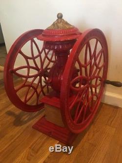 Antique Coffee Grinder Swift Mill New York Cast Iron Wood Double Wheel Red