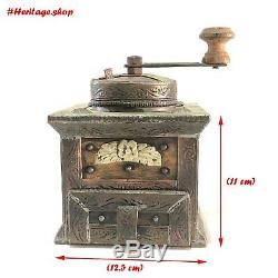 Antique Coffee Grinder Wood & Brass Mill Hand Crank Wooden Ornate Cast Iron Rare