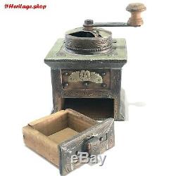 Antique Coffee Grinder Wood & Brass Mill Hand Crank Wooden Ornate Cast Iron Rare