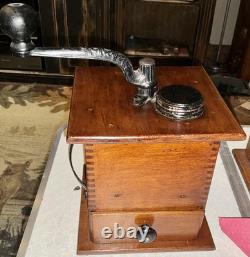 Antique Coffee Mill Grinder Cast Iron Grinder Wood Base & Drawer