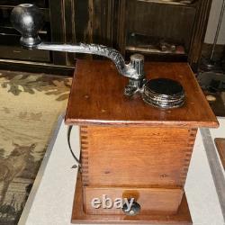 Antique Coffee Mill Grinder Cast Iron Grinder Wood Base & Drawer
