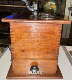 Antique Coffee Mill Grinder Cast Iron Grinder Wood Base & Drawer