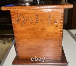 Antique Coffee Mill Grinder Cast Iron Grinder Wood Base & Drawer