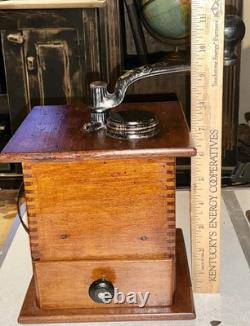 Antique Coffee Mill Grinder Cast Iron Grinder Wood Base & Drawer