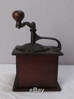 Antique Coffee Mill/Grinder Solid Wood Mahogany Box & Cast Iron Lid/Top (#6)
