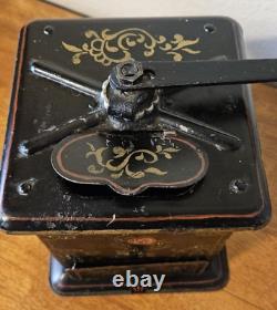 Antique Coffee Mill Grinder Tin Metal Black Painted Gold Red Floral Ornate