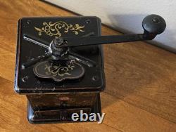Antique Coffee Mill Grinder Tin Metal Black Painted Gold Red Floral Ornate