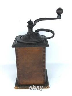 Antique Coffee Mill Grinder Wood Dovetail & Cast Iron
