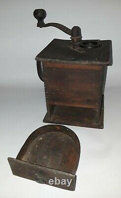 Antique Countertop Cast Wrought Iron Wood Coffee Mill Grinder Drawer