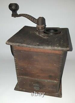 Antique Countertop Cast Wrought Iron Wood Coffee Mill Grinder Drawer