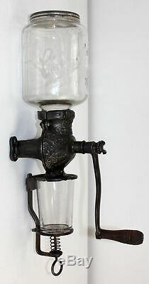 Antique Crystal Arcade #3 Wall Mount Coffee Grinder Mill w Orig Catch Cup Glass