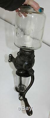 Antique Crystal Arcade #3 Wall Mount Coffee Grinder Mill w Orig Catch Cup Glass