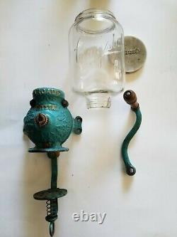 Antique Crystal Arcade No. 3 hand crank coffee grinder RARE original BLUE