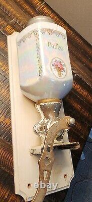 Antique Crystal Steel Wall Mount Coffee Grinder Mill Germany Original Roses Old