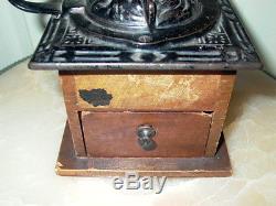 Antique Dovetail Wood & Cast Iron Coffee Grinder