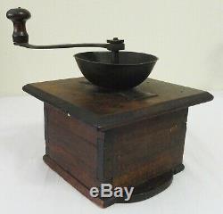 Antique Dovetailed Wood Coffee Grinder Wrought Iron Crank Stamped W. Bower