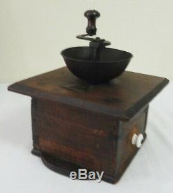 Antique Dovetailed Wood Coffee Grinder Wrought Iron Crank Stamped W. Bower