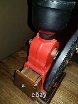 Antique Elma Style Red Cast Iron Coffee Grinder Mill With Wheel Wood Base As Is