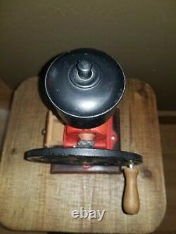 Antique Elma Style Red Cast Iron Coffee Grinder Mill With Wheel Wood Base As Is