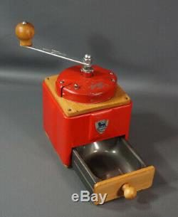 Antique French Peugeot Freres Coffee Grinder Mill Hand Crank Wood Red Metal