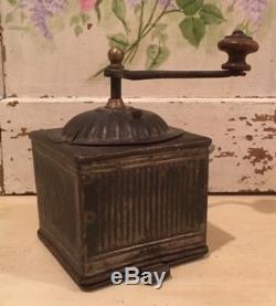 Antique French Ribbed Metal Napoleon III Coffee Mill Grinder Functional