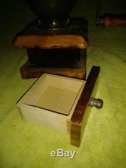 Antique German Coffee Grinder Mill Manual Hand Crank Vintage Wood/ Brass