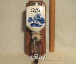 Antique German Porcelain Coffee Grinder Wall Mount Blue Dutch Windmill Ships